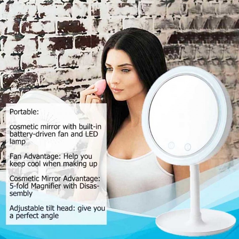 5X Magnifier LED Lamp Desktop Makeup Mirror with Fan 3 In 1