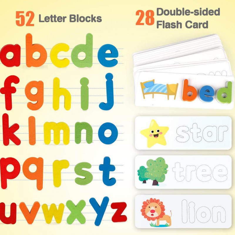 Spelling Learning Toy Wooden ABC Alphabet Flash Cards Matching Shape Letter
