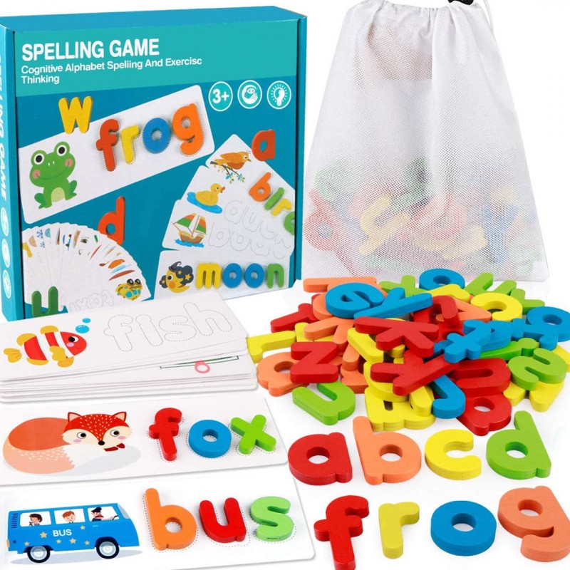 Spelling Learning Toy Wooden ABC Alphabet Flash Cards Matching Shape Letter