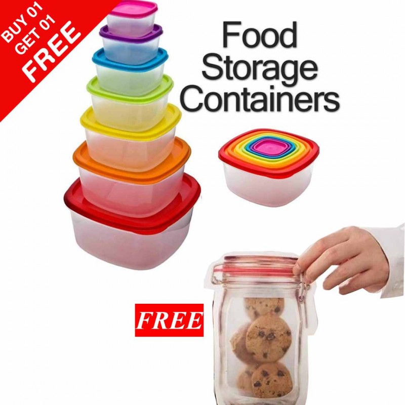 Multi Coloured Lids Containers & Reusable Storage Bottle (Buy 01 & Get 01 Free)