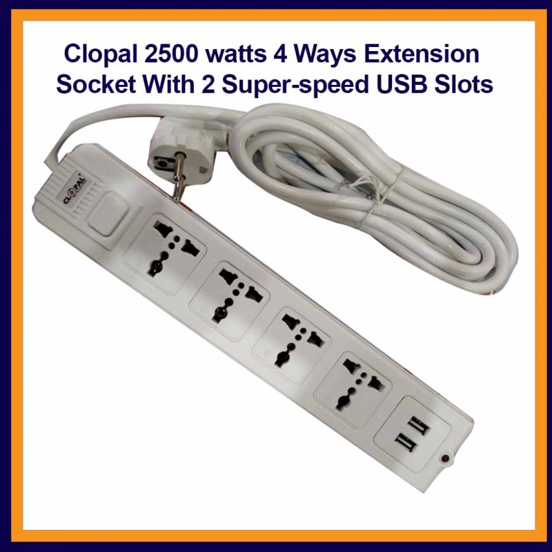 Clopal 2500 watts 4 Ways Extension Socket With 2 Super-speed USB Slots