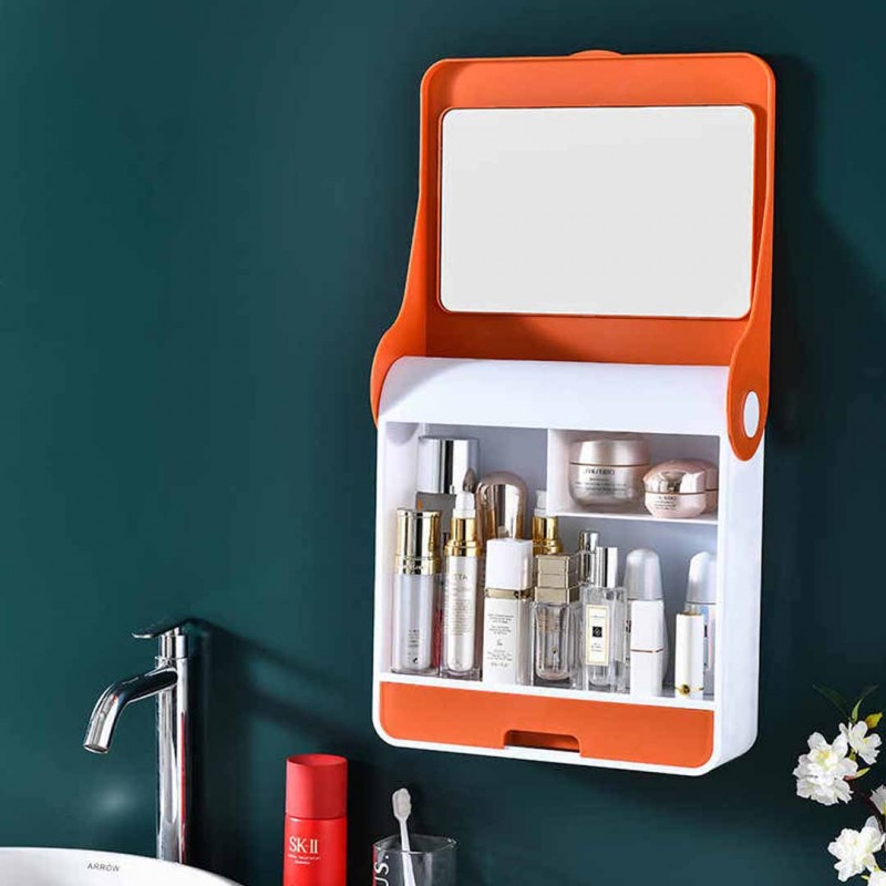 Wall Mounted Cosmetic Storage Box With Mirror