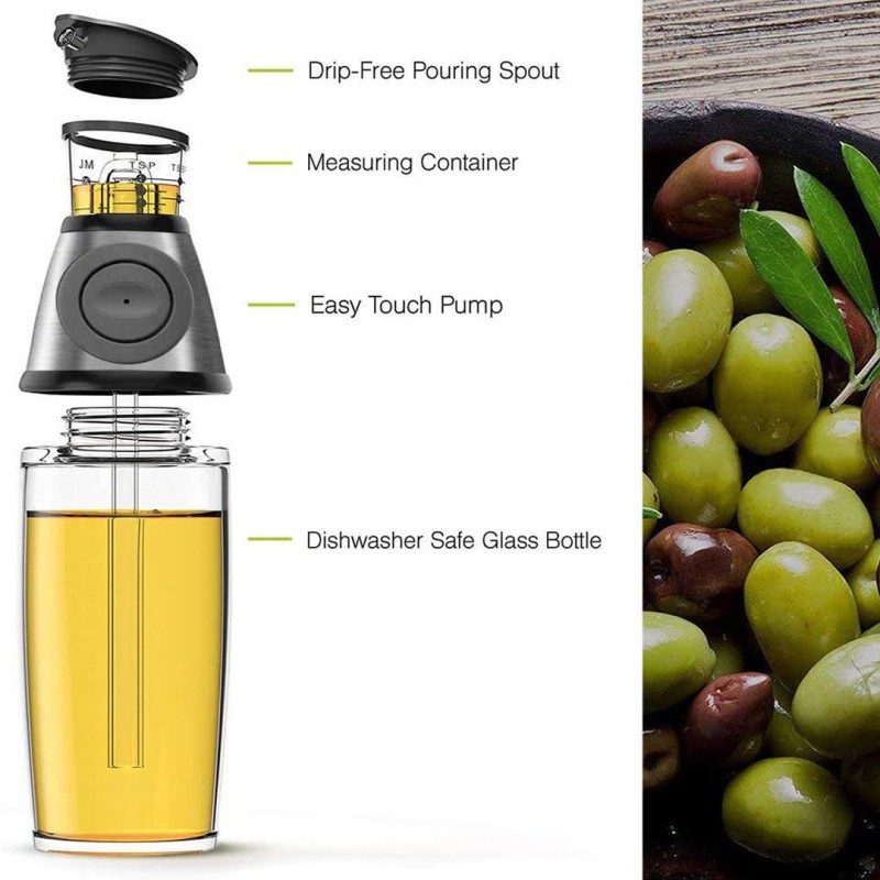 Oil and Vinegar Dispenser with Measuring Chamber Press and Measure for Precise Pouring