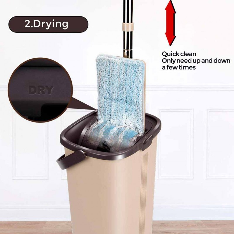 Squeeze Flat Floor Mop And Bucket Set With 2 Microfiber Mop