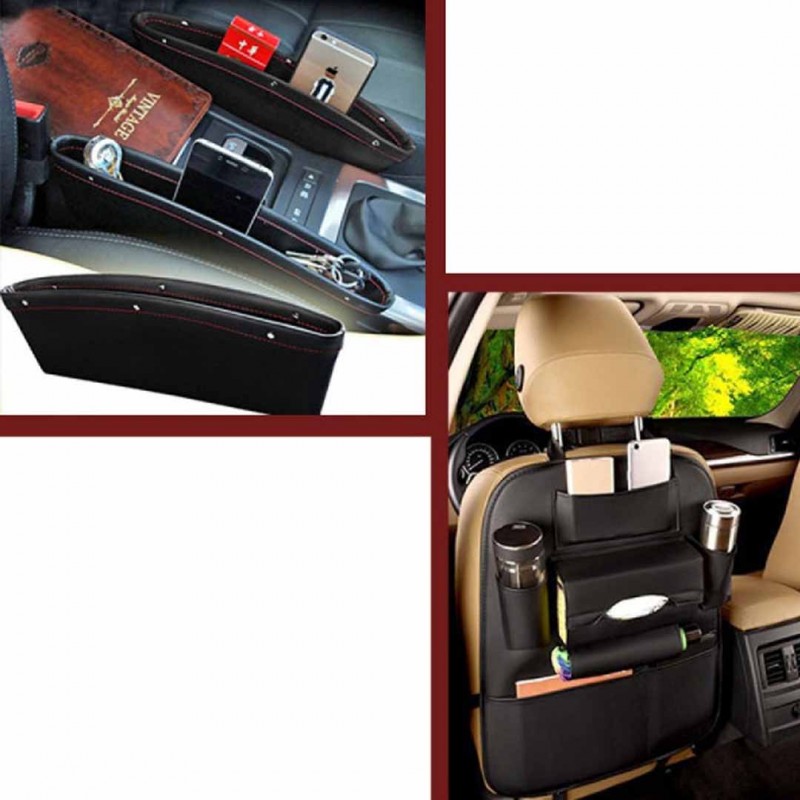 Pack Of 2: 01 Car Back Seat Organizer (6 Pocket) & 01 Premium Pu Leather Catch Caddy