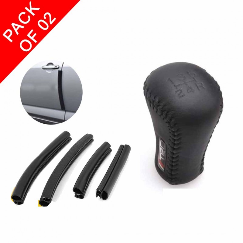Genuine Leather Gear Shift Knob And Car Rubber Door Guards Pack Of 02
