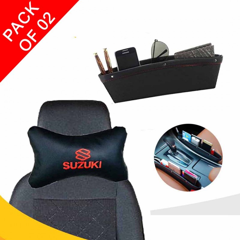 Suzuki Logo Neck Rest Headrest Pillow Cushion And 02 X Leather Catch Caddy Seat Catcher Pack Of 02