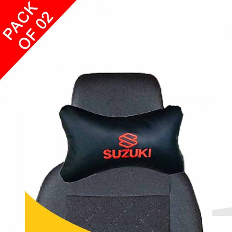 Suzuki Logo Neck Rest Headrest Pillow Cushion And 02 X Leather Catch Caddy Seat Catcher Pack Of 02
