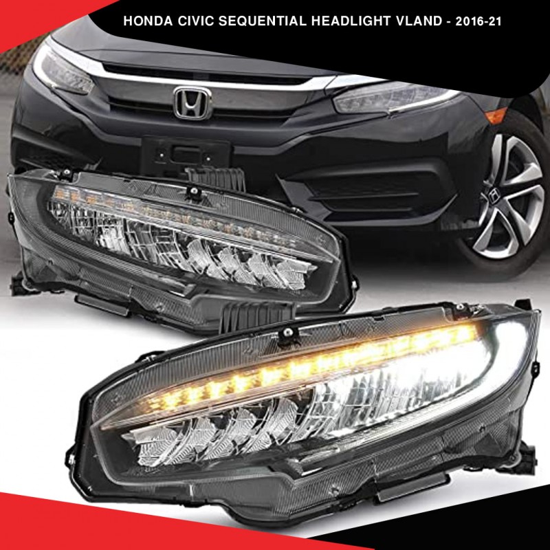 VLAND LED Headlights For 2016-2021 Honda Civic – Cool Blue DRLs & Sequential Turn Signals (Black Housing)