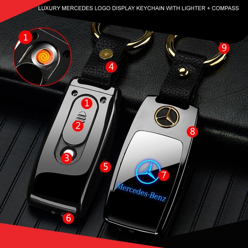 Luxury Mercedes Logo Display Keychain With Lighter Compass