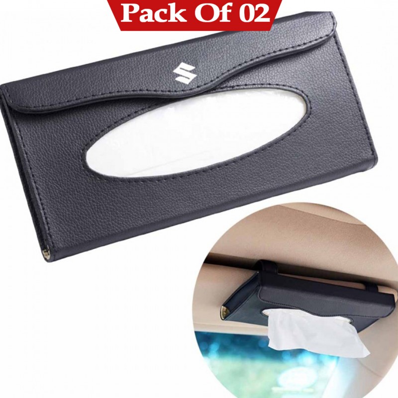 Suzuki Sun Visor PU Leather Car Tissue Box Holder Black Pack OF 02