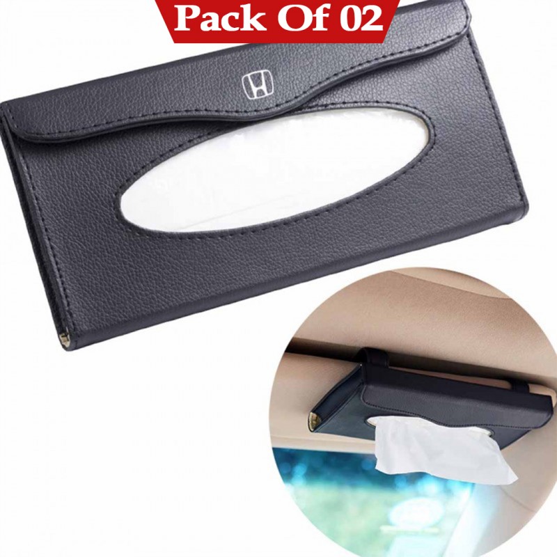 Honda Sun Visor PU Leather Car Tissue Box Holder Black Pack Of 02