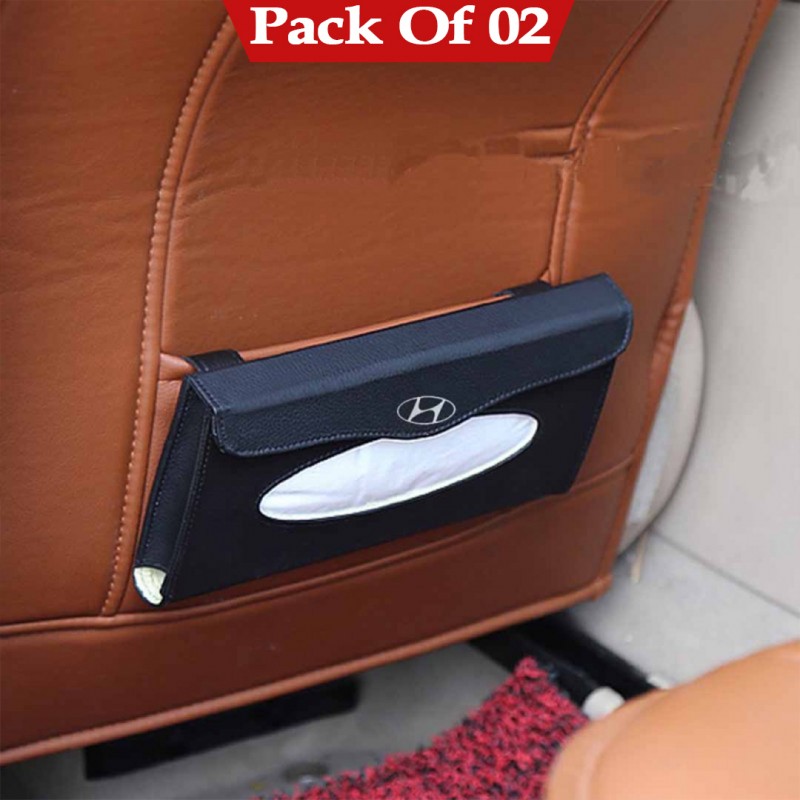 Hyundai Sun Visor PU Leather Car Tissue Box Holder Black Pack Of 02