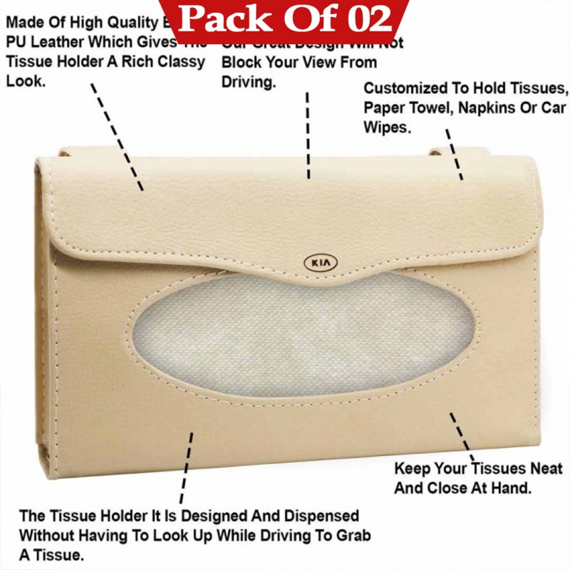 Kia Sun Visor PU Leather Car Tissue Box Holder Beige Pack Of 02