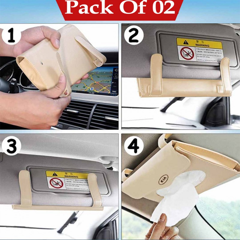 Kia Sun Visor PU Leather Car Tissue Box Holder Beige Pack Of 02
