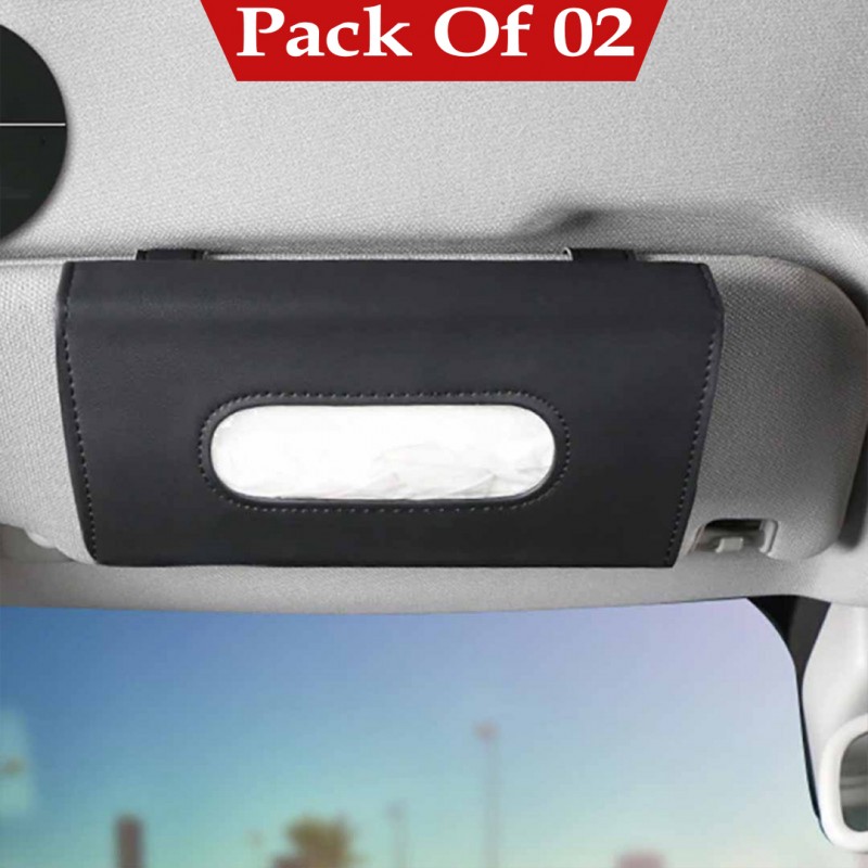 Sun Visor PU Leather Car Tissue Box Holder Black Pack OF 02