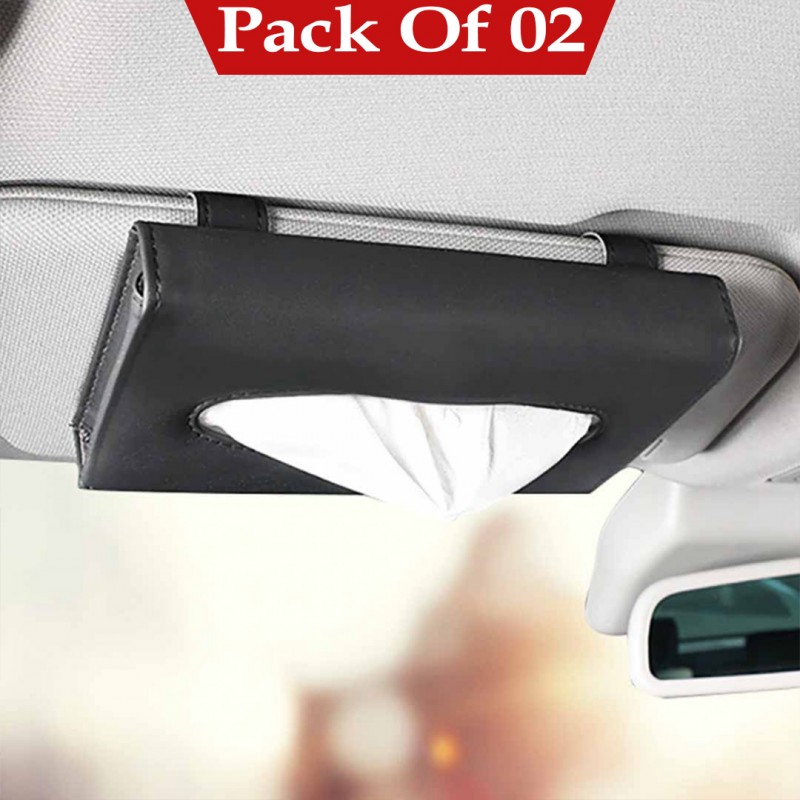 Sun Visor PU Leather Car Tissue Box Holder Black Pack OF 02