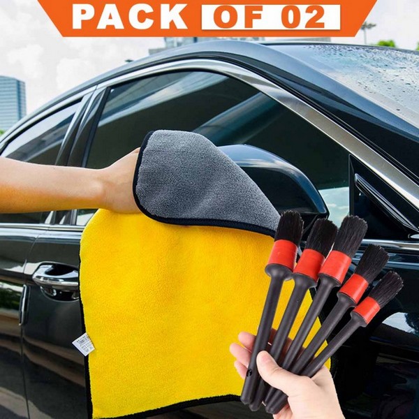 Tools Plastic Handle Dirt Dust Clean Brush Car & Micro-Fiber Cleaning Cloth Double Side Pack Of 02