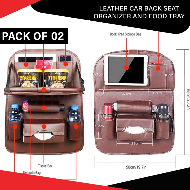 Leather Car Seat Organizer with Built-In Food Tray – Premium Storage Solution for Travel and Family Rides Pack of 02