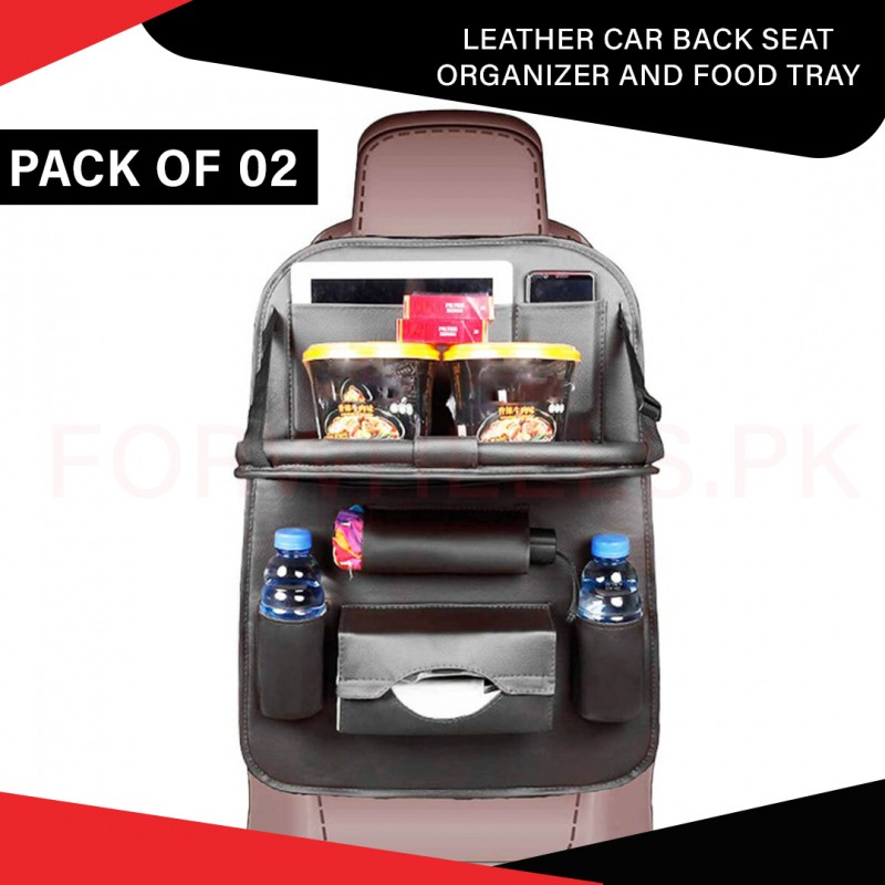 Leather Car Seat Organizer with Built-In Food Tray – Premium Storage Solution for Travel and Family Rides Pack of 02