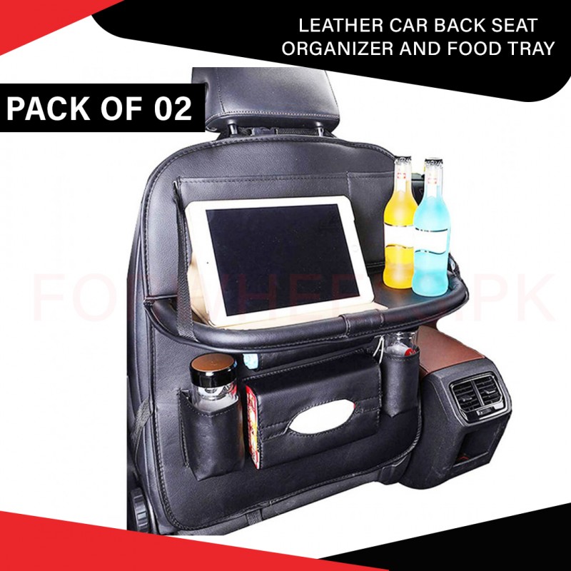 Leather Car Seat Organizer with Built-In Food Tray – Premium Storage Solution for Travel and Family Rides Pack of 02