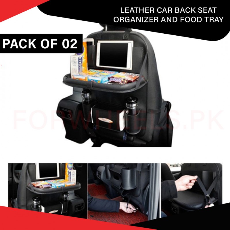 Leather Car Seat Organizer with Built-In Food Tray – Premium Storage Solution for Travel and Family Rides Pack of 02