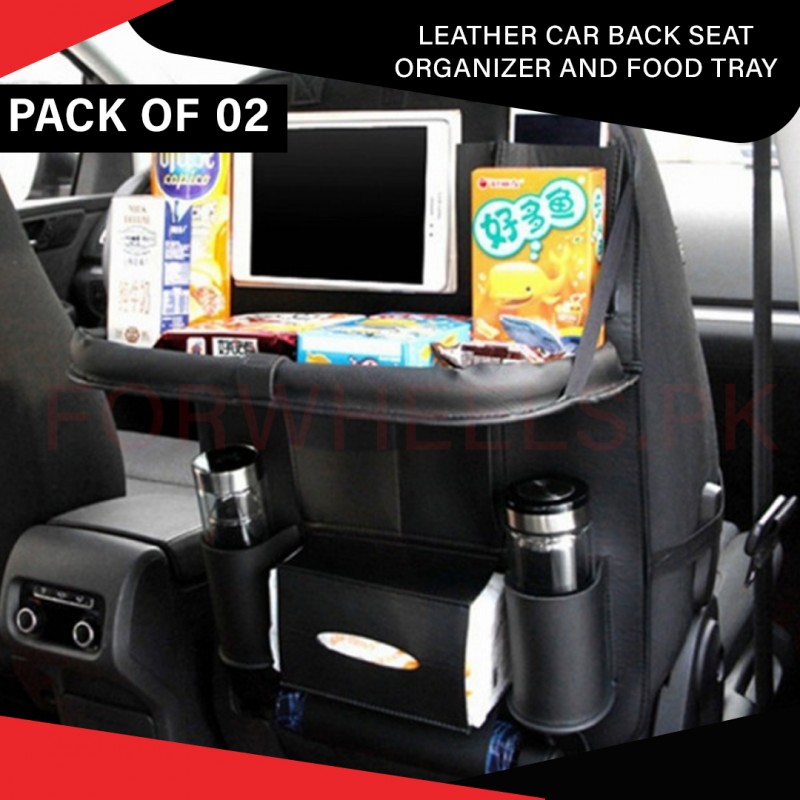Leather Car Seat Organizer with Built-In Food Tray – Premium Storage Solution for Travel and Family Rides Pack of 02