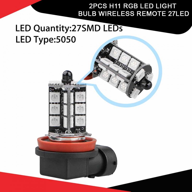 2pcs H11 Rgb Led Light Bulb Wireless Remote 27led