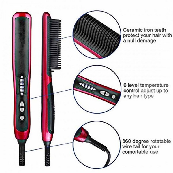 Hair Beard Straightener Styler Quick Heated Comb Ceramic Massage