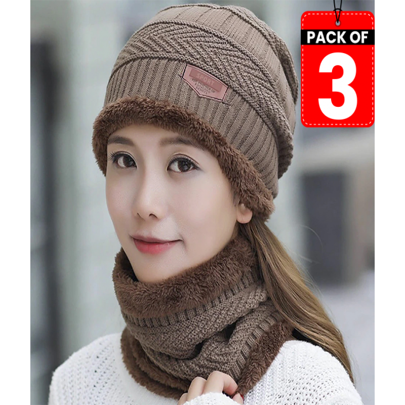 Winter Knitted Hat And Fleece Neck Warmer Pack of 03