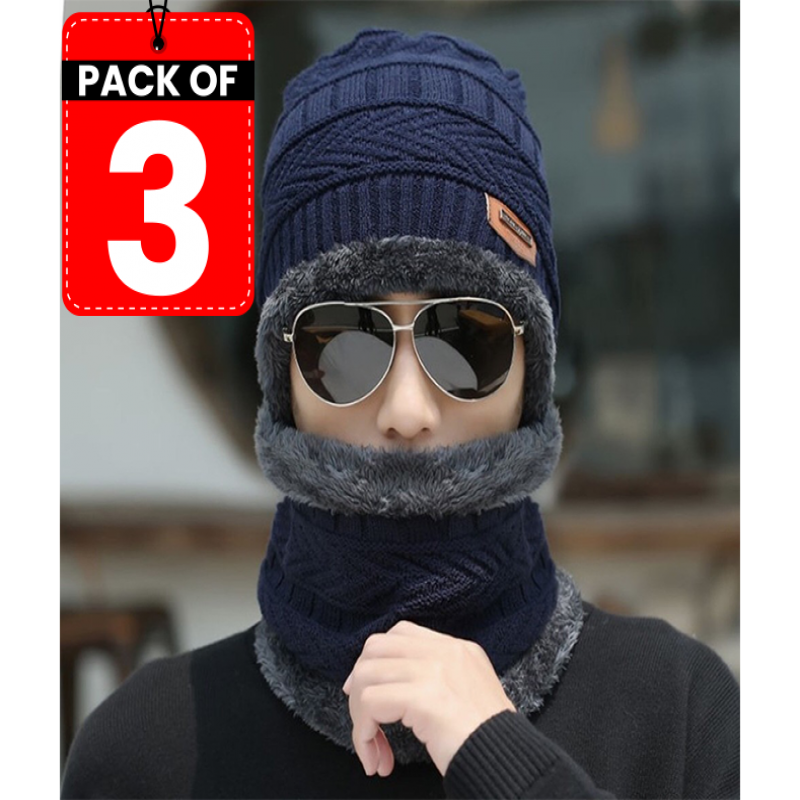 Winter Knitted Hat And Fleece Neck Warmer Pack of 03