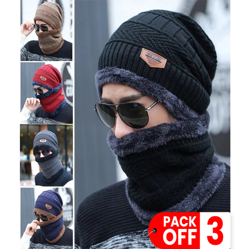 Winter Knitted Hat And Fleece Neck Warmer Pack of 03