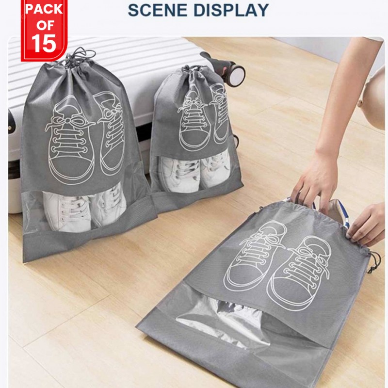 Shoes Drawstring Storage Bag Non-Woven Travel Portable Bag Pack Of 15