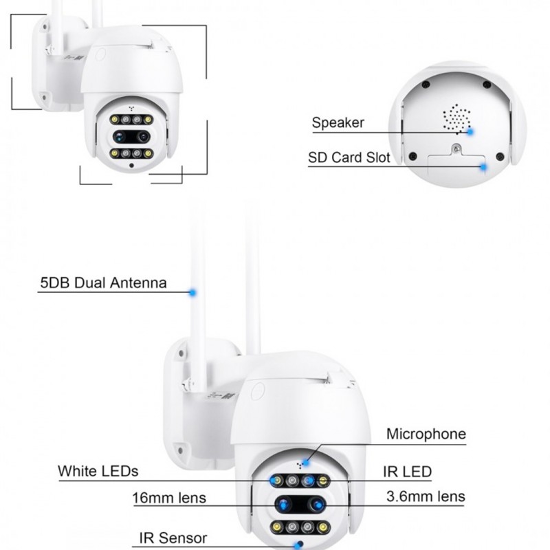 Wifi Dural Lens Outdoor Ptz Camera With 10x Zoom 2mp Carecam App With Power Adaptor