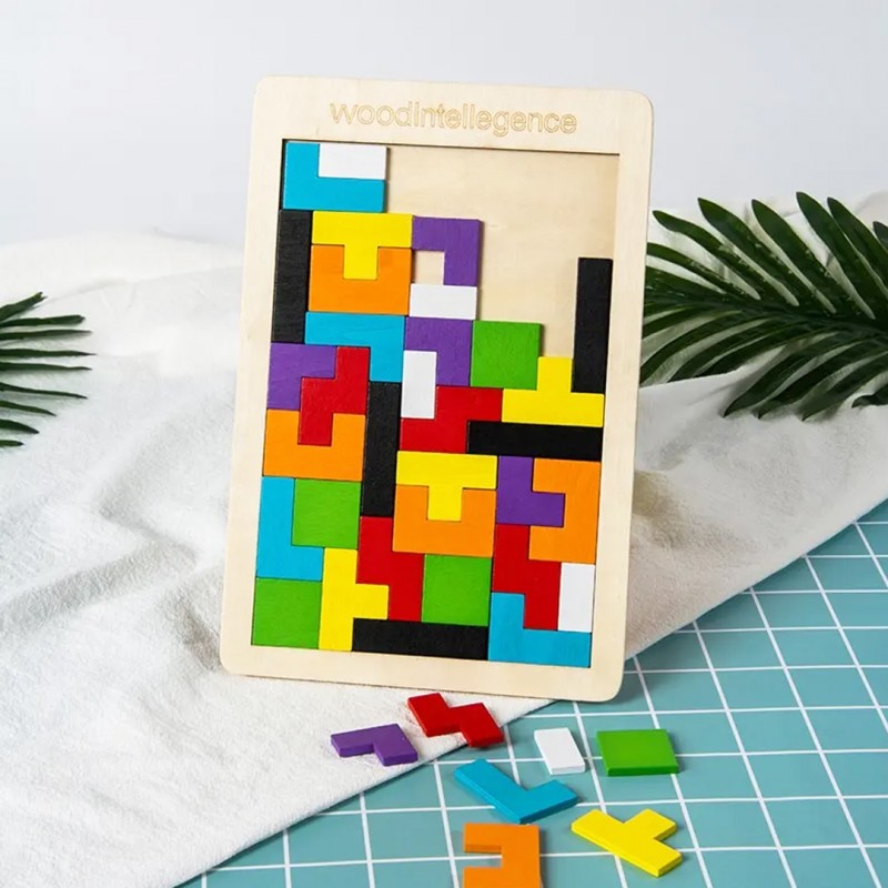 Wudly Wooden Tetris Block Puzzle, Tangram Game & Tic Tac Toe
