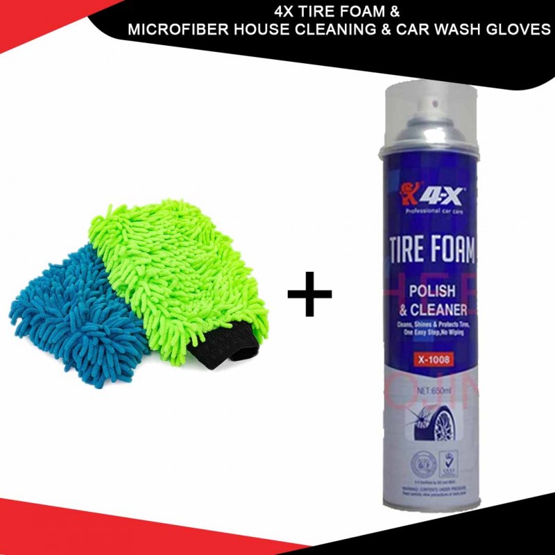 4x Tire Foam &  Microfiber House Cleaning & Car Wash Gloves Pack Of 02