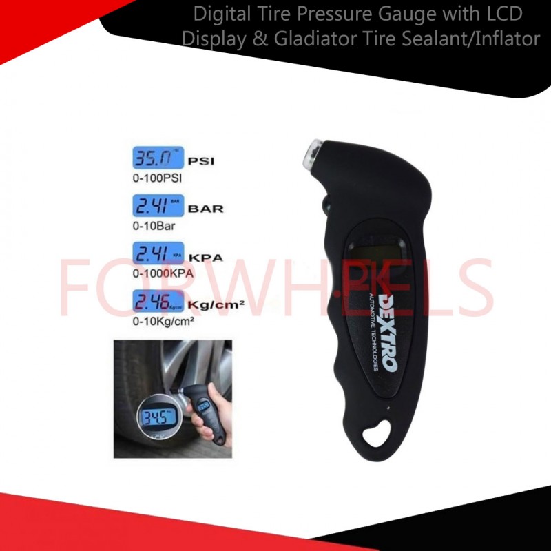 Digital Tire Pressure Gauge with LCD Display & Gladiator Tire Sealant/Inflator Combo