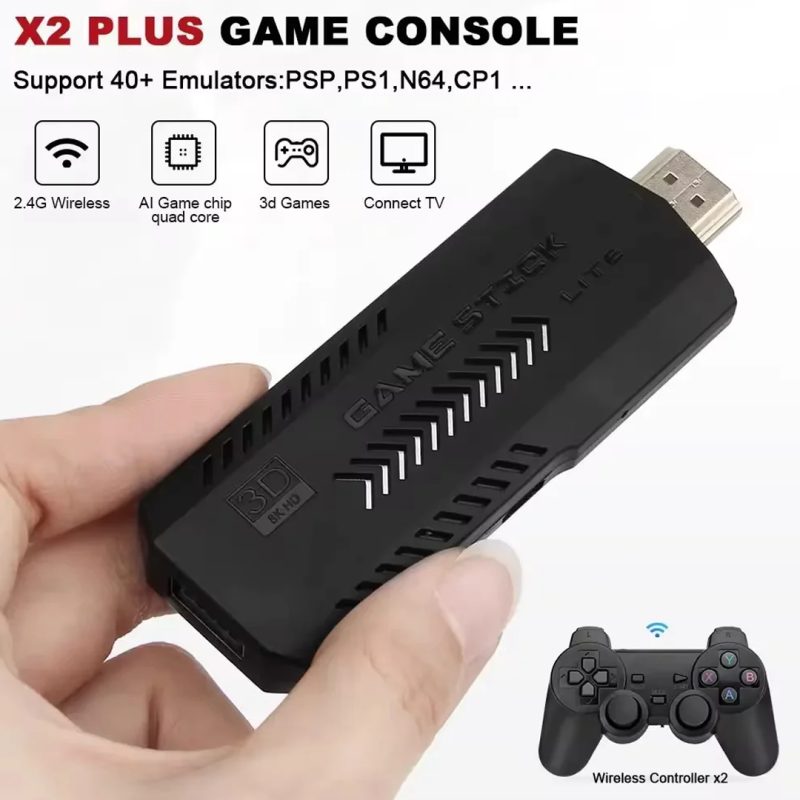 X2 Plus Retro 3D 32000+ Video Games 4K HD Output Game Stick With 2 Wireless Controllers