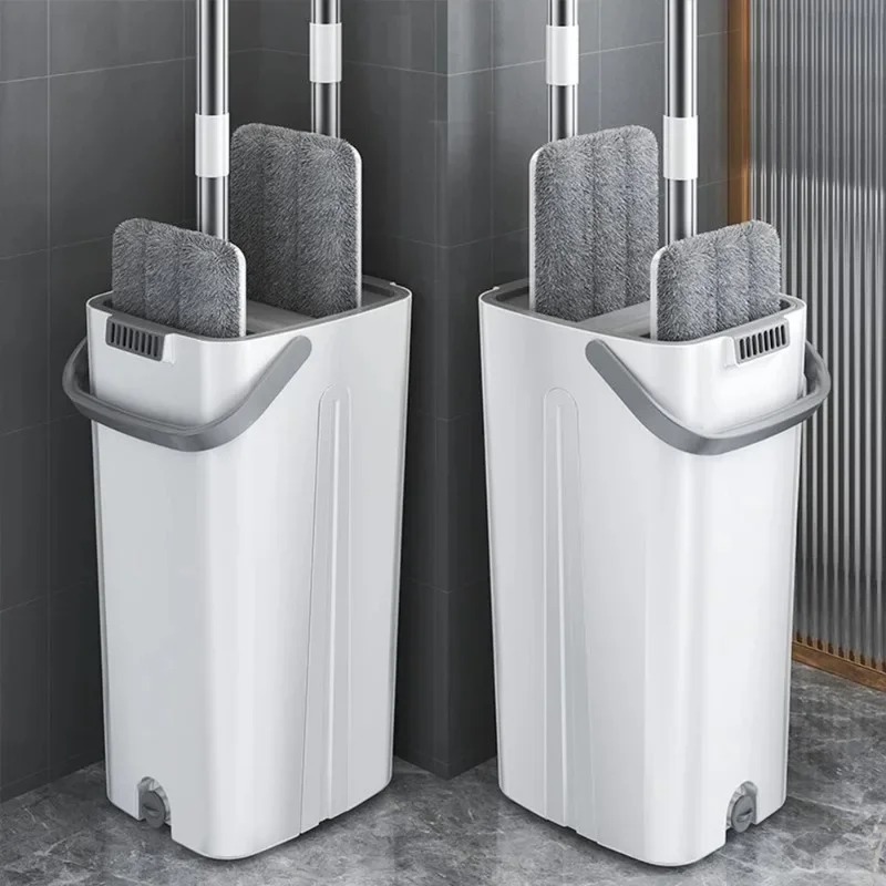 Squeeze Flat Floor Mop And Bucket Set With 2 Microfiber Mop