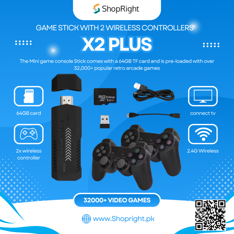 X2 Plus Retro 3D 32000+ Video Games 4K HD Output Game Stick With 2 Wireless Controllers