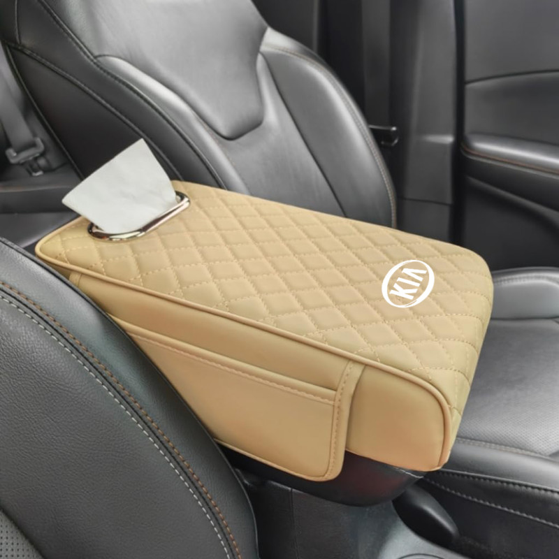 Car Armrest Cushion With Tissue Box & Storage Pocket For Toyota Honda Suzuki Kia Hyundai & More Beige Color - ShopRight.pk