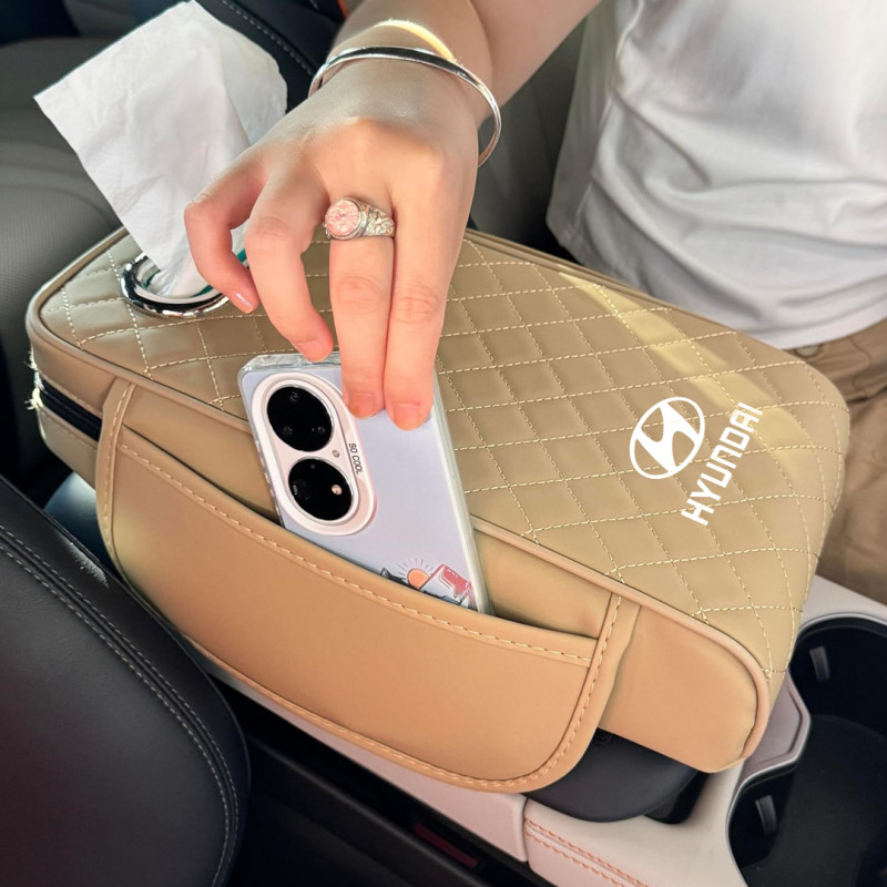 Car Armrest Cushion With Tissue Box & Storage Pocket For Toyota Honda Suzuki Kia Hyundai & More Beige Color - ShopRight.pk