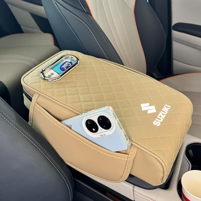 Car Armrest Cushion With Tissue Box & Storage Pocket For Toyota Honda Suzuki Kia Hyundai & More Beige Color - ShopRight.pk