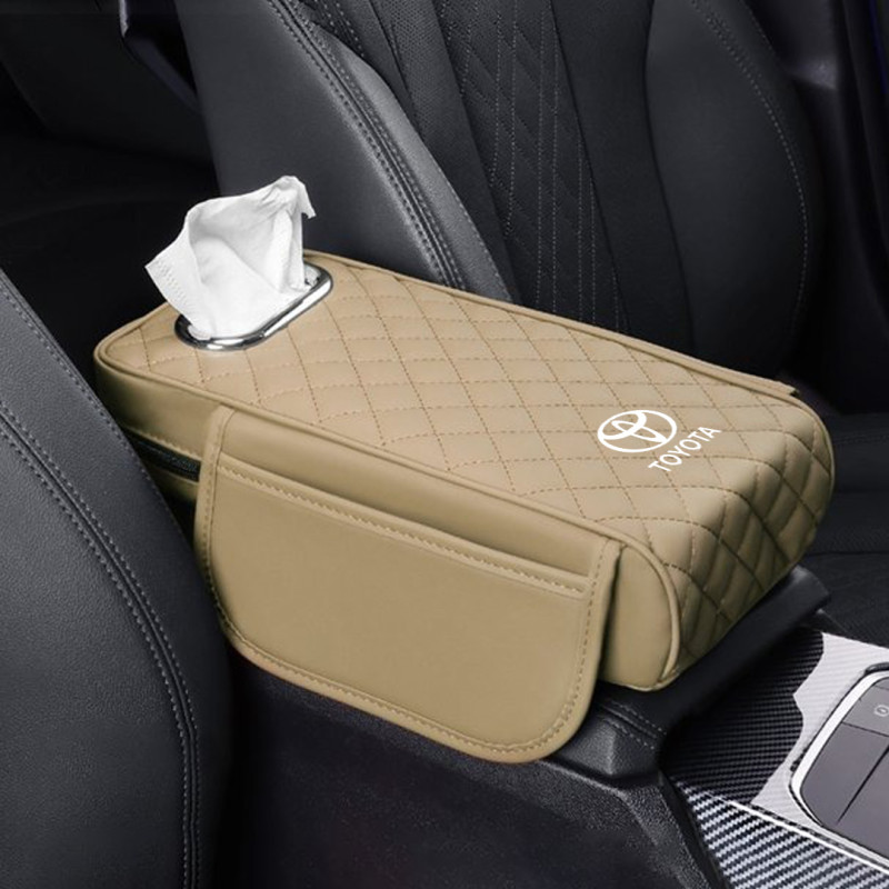Car Armrest Cushion With Tissue Box & Storage Pocket For Toyota Honda Suzuki Kia Hyundai & More Beige Color - ShopRight.pk