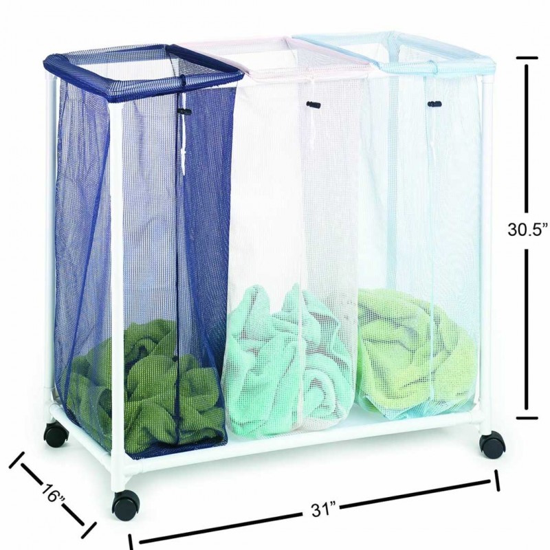 Laundry Sorter 3 Bag Triple Basket Wheels Cloth Hamper Organizer