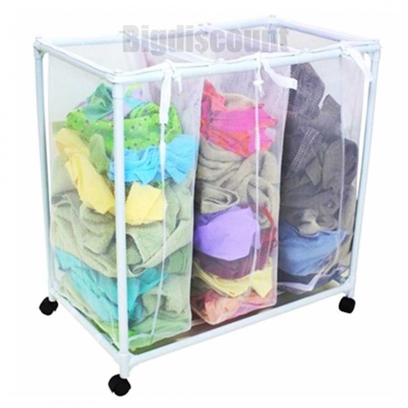 Laundry Sorter 3 Bag Triple Basket Wheels Cloth Hamper Organizer